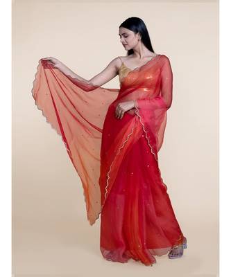 Suta Women Orange  Pink Sequinned Silk Blend Saree 5