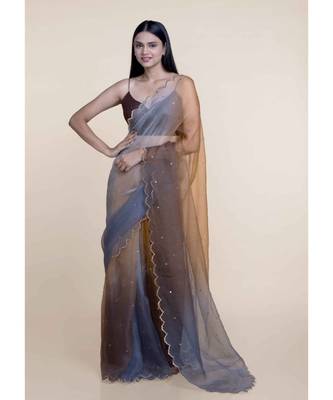 Suta Women Grey-Brown Organza Handcrafted Metal Sequine Ombre Saree 1