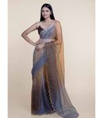 Suta Women Grey-Brown Organza Handcrafted Metal Sequine Ombre Saree