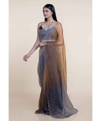 Suta Women Grey-Brown Organza Handcrafted Metal Sequine Ombre Saree 2
