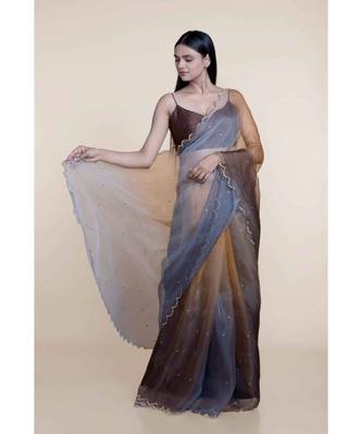 Suta Women Grey-Brown Organza Handcrafted Metal Sequine Ombre Saree 3
