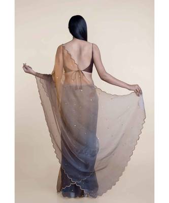 Suta Women Grey-Brown Organza Handcrafted Metal Sequine Ombre Saree 5