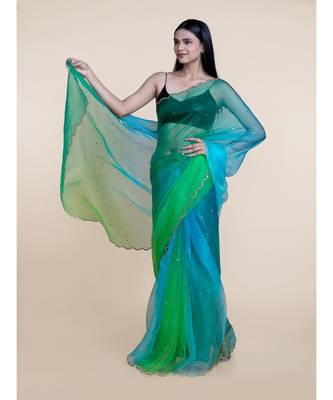 Suta Blue  Green Ombre Sequinned Organza Saree 4