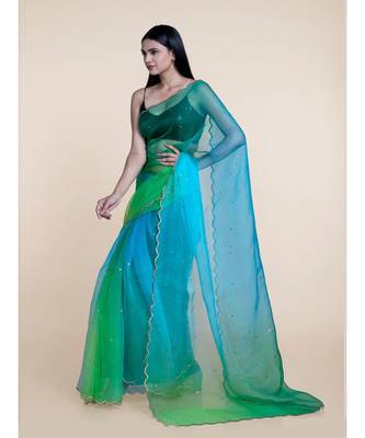 Suta Blue  Green Ombre Sequinned Organza Saree 1