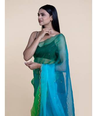 Suta Blue  Green Ombre Sequinned Organza Saree 5