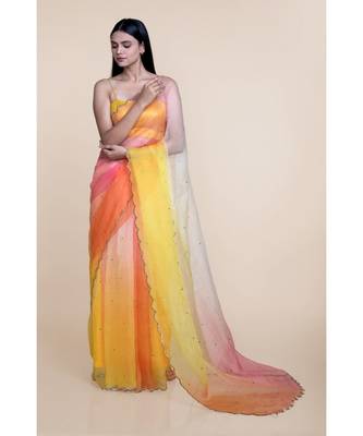 Suta Yellow  Orange Ombre Sequin Embellished Handcrafted Organza Saree 1