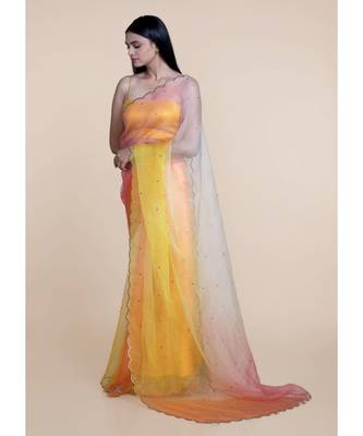 Suta Yellow  Orange Ombre Sequin Embellished Handcrafted Organza Saree 2