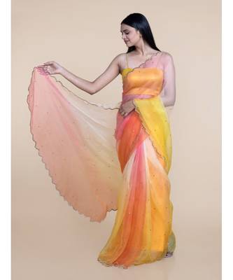 Suta Yellow  Orange Ombre Sequin Embellished Handcrafted Organza Saree 3