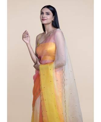 Suta Yellow  Orange Ombre Sequin Embellished Handcrafted Organza Saree 4