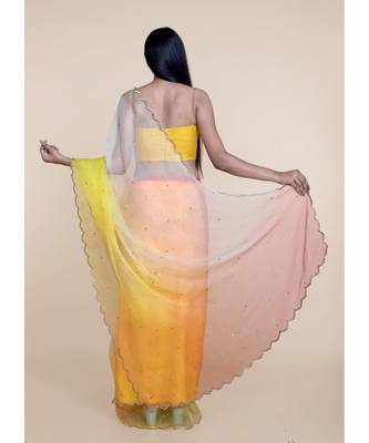 Suta Yellow  Orange Ombre Sequin Embellished Handcrafted Organza Saree 5
