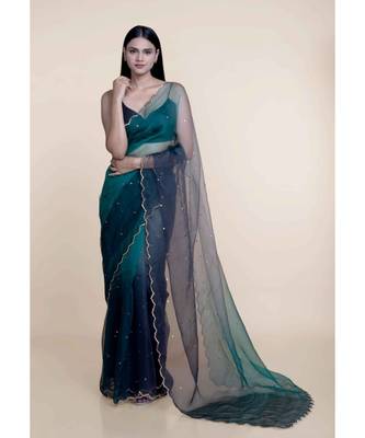 Suta Navy Blue Embellished Sequinned Ombre Organza Saree 1