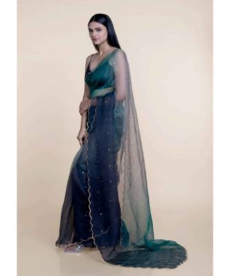 Suta Navy Blue Embellished Sequinned Ombre Organza Saree 2