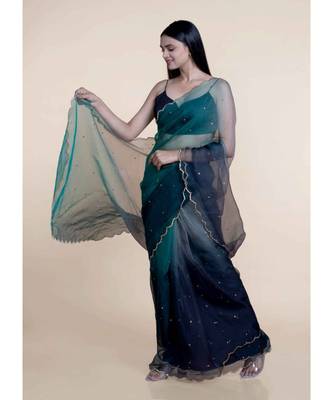 Suta Navy Blue Embellished Sequinned Ombre Organza Saree 3