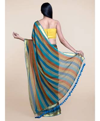Suta Women Multicolored Mul Cotton Zari With Blue Tassels saree 1