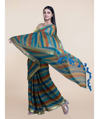 Suta Women Multicolored Mul Cotton Zari With Blue Tassels saree 2