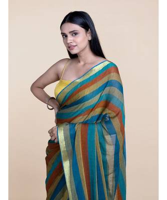 Suta Women Multicolored Mul Cotton Zari With Blue Tassels saree 4