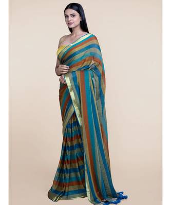 Suta Women Multicolored Mul Cotton Zari With Blue Tassels saree 5