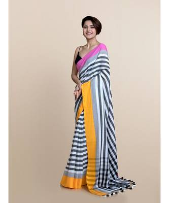 Suta Black  White Striped Pure Cotton Saree 1