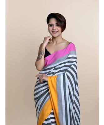 Suta Black  White Striped Pure Cotton Saree 2