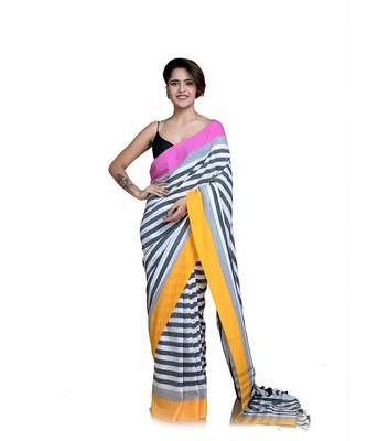 Suta Black  White Striped Pure Cotton Saree 3