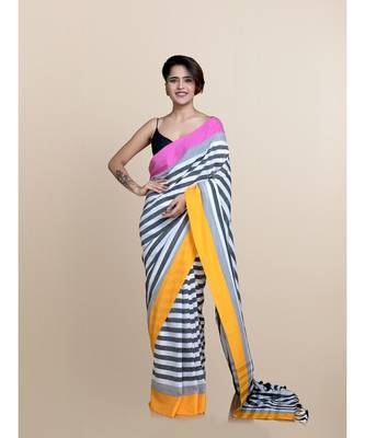 Suta Black  White Striped Pure Cotton Saree 4