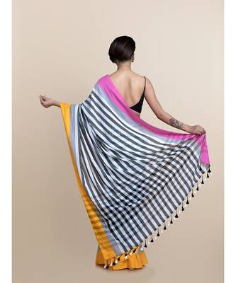 Suta Black  White Striped Pure Cotton Saree 5