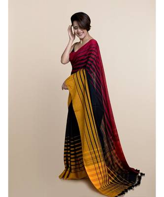 Suta Black  Red Striped Pure Cotton Saree 3