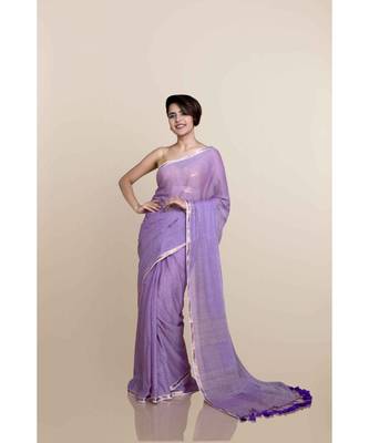 Suta Women Lavender Mul Cotton With Zari Border And Ghicha Pallu 1