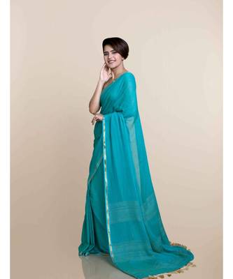 Suta Women Sea Green Mul Cotton With Zari Border And Ghicha Pallu 2
