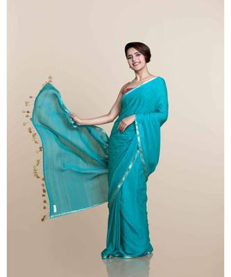 Suta Women Sea Green Mul Cotton With Zari Border And Ghicha Pallu 3