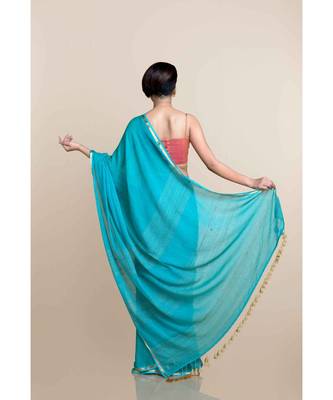 Suta Women Sea Green Mul Cotton With Zari Border And Ghicha Pallu 5