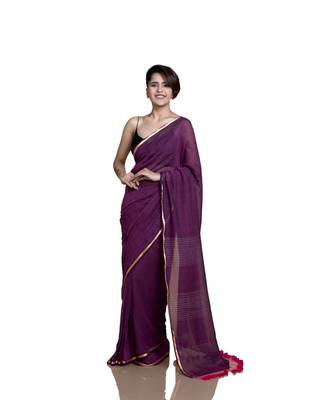 Suta Women Purple Zari Border Mul Cotton Saree with Ghicha Pallu 4
