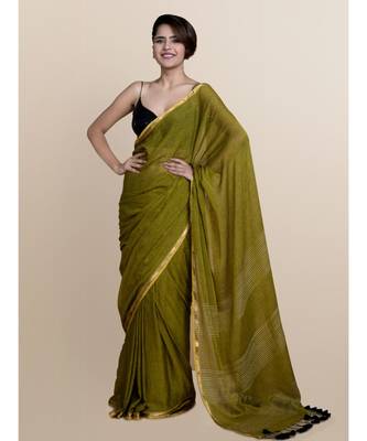 Suta Olive Green  Gold-Toned Striped Pure Cotton Saree 1