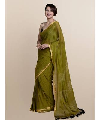Suta Olive Green  Gold-Toned Striped Pure Cotton Saree 2