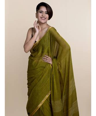 Suta Olive Green  Gold-Toned Striped Pure Cotton Saree 4