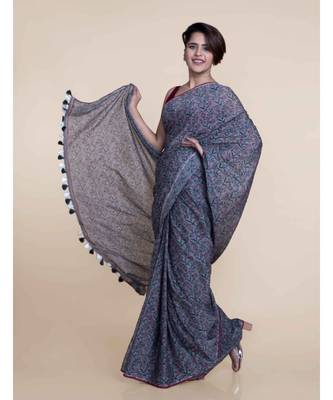Suta Grey  Pink Floral Hand Block Printed Pure Cotton Saree 1