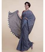 Suta Grey  Pink Floral Hand Block Printed Pure Cotton Saree