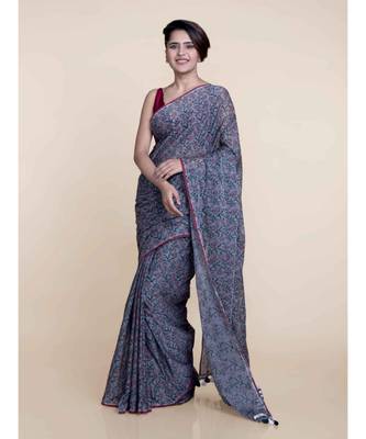 Suta Grey  Pink Floral Hand Block Printed Pure Cotton Saree 4