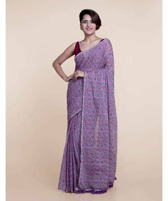 Suta Women Lavender  Green Floral Hand Block Printed Pure Cotton Saree 1