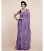 Suta Women Lavender  Green Floral Hand Block Printed Pure Cotton Saree