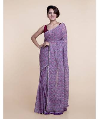 Suta Women Lavender  Green Floral Hand Block Printed Pure Cotton Saree 2