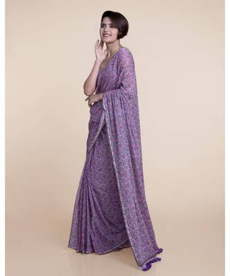 Suta Women Lavender  Green Floral Hand Block Printed Pure Cotton Saree 3
