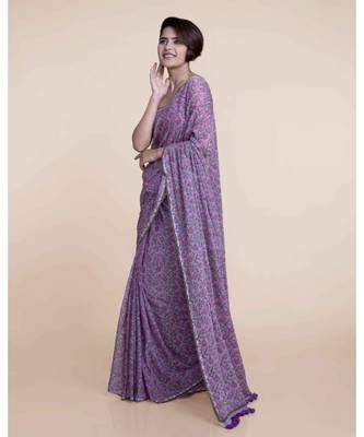 Suta Women Lavender  Green Floral Hand Block Printed Pure Cotton Saree 4