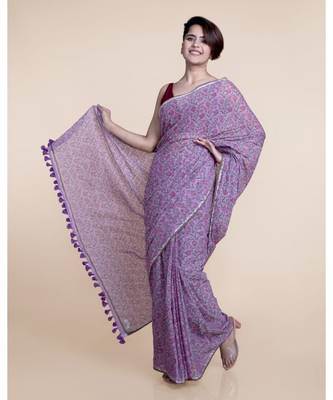 Suta Women Lavender  Green Floral Hand Block Printed Pure Cotton Saree 5