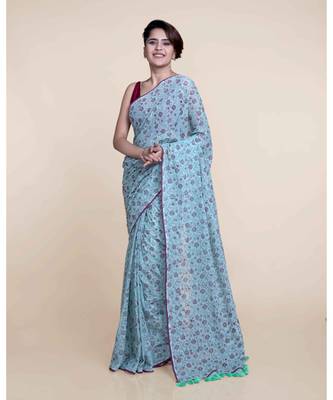 Suta Women Mint Green Hand Block Printed Cotton Saree 1