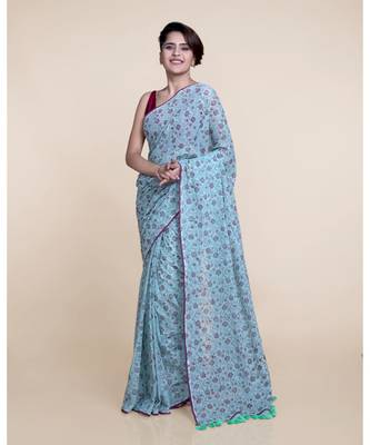 Suta Women Mint Green Hand Block Printed Cotton Saree 2