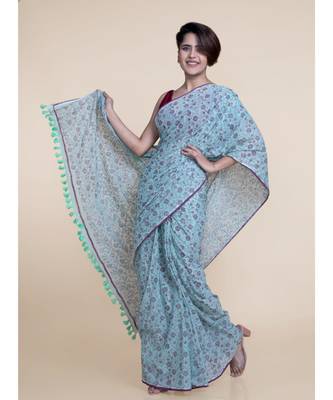 Suta Women Mint Green Hand Block Printed Cotton Saree 3