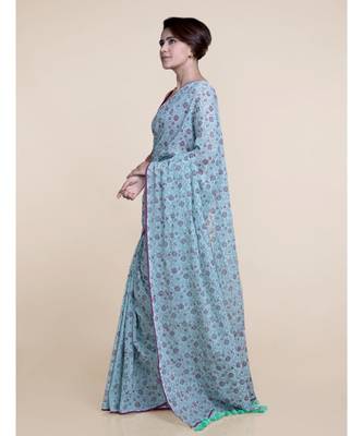 Suta Women Mint Green Hand Block Printed Cotton Saree 5