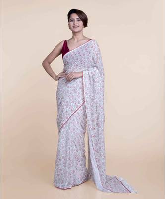 Suta Off White Hand Block Printed Cotton Saree 1