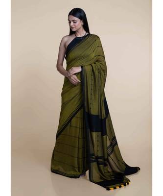 Suta Black  Olive Cotton Plaid Modal Saree 1